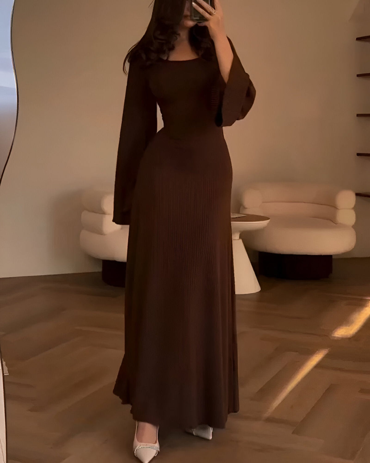 Scoop Neck Bell Sleeve Ribbed Knit Bodycon Maxi Dress - View 7