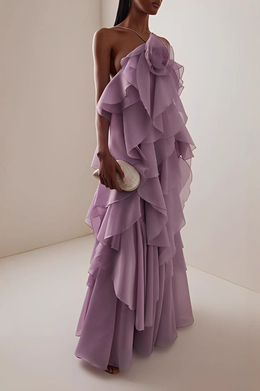 3D Floral Halter Neck Tiered Ruffle Maxi Gown - View 3