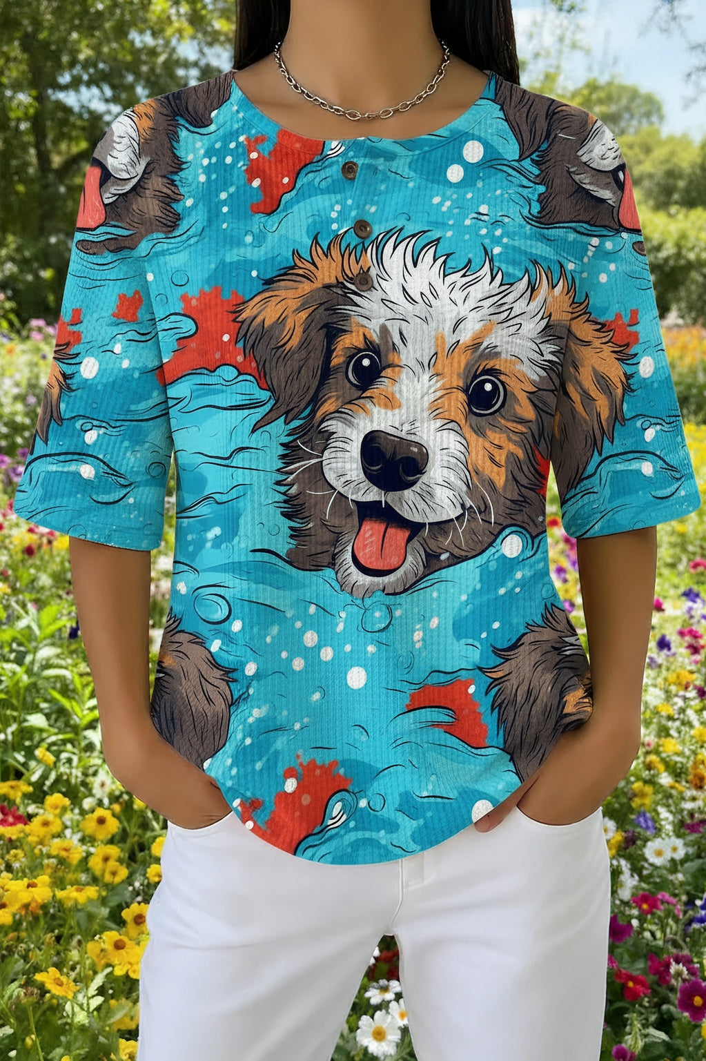Puppy Print Waffle Knit Henley Button Short Sleeve Top