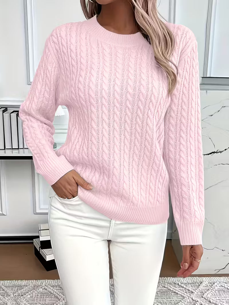 Crew Neck Long Sleeve Pointelle Cable Knit Sweater 13