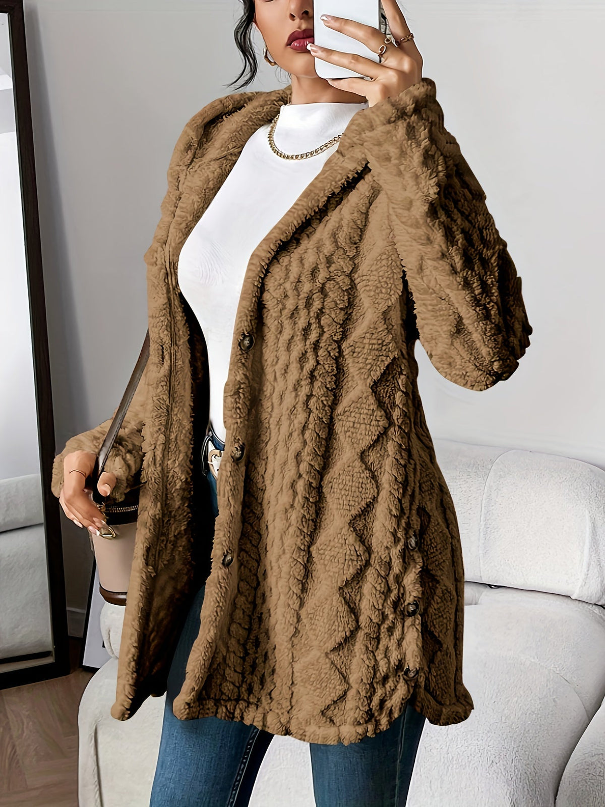 Textured Fleece Hooded Button Front Cardigan Coat 8