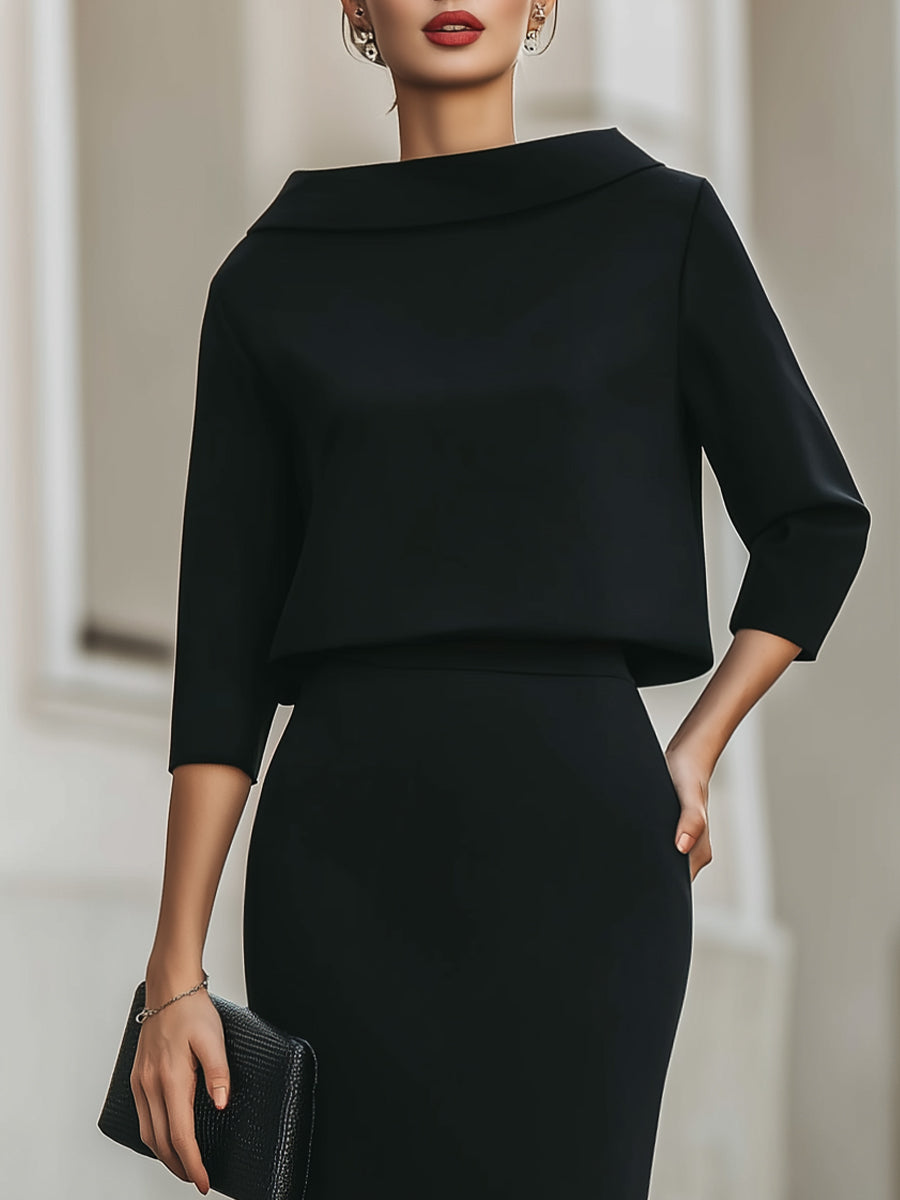 Cowl Neck Top and Straight Midi Skirt Two Piece Set 5