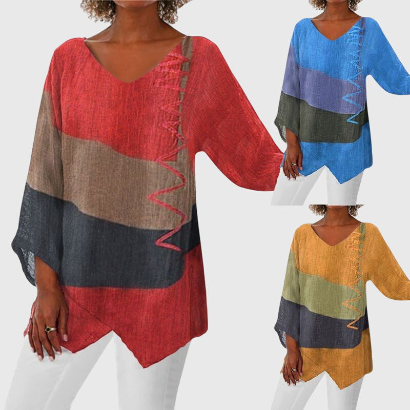 Colorblock V-Neck Long Sleeve Asymmetric Tunic Top 7