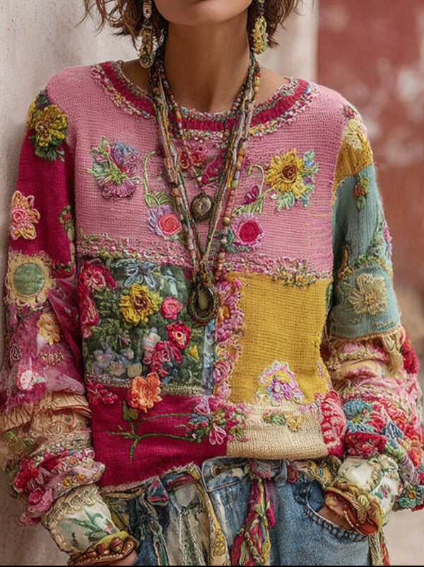 Floral Patchwork Embroidered Crew Neck Long Sleeve Sweater