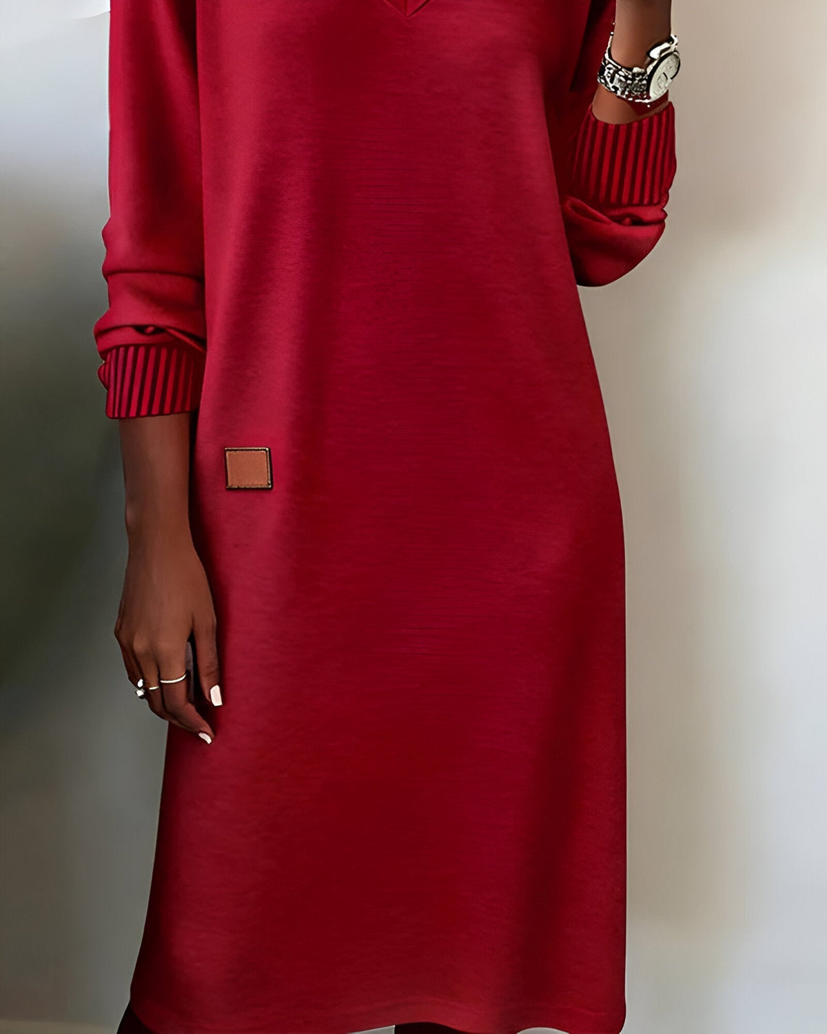 V-Neck Long Sleeve Ribbed Cuff Sweatshirt Mini Dress 9