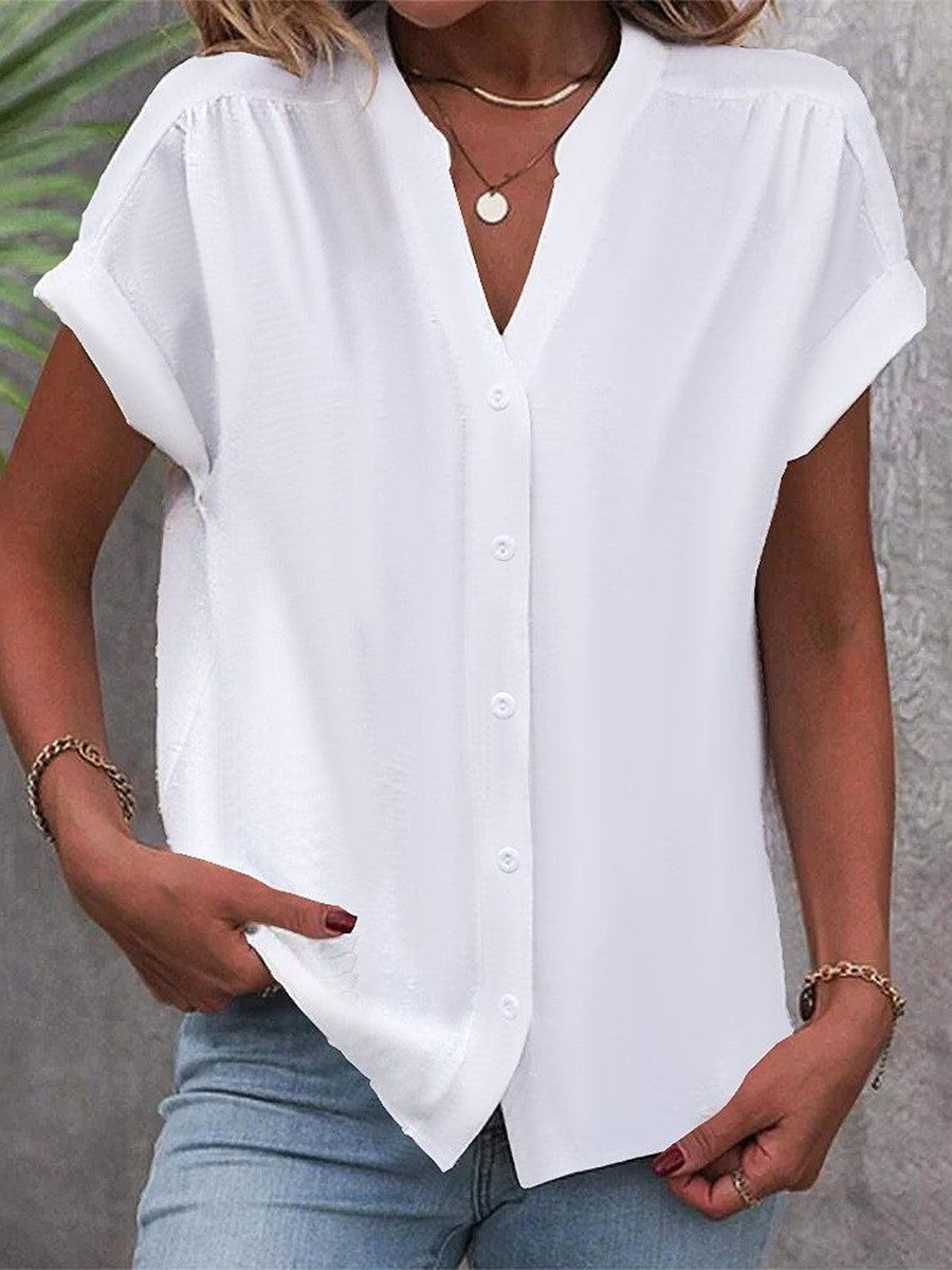 Notch Neck Short Sleeve Button Front Blouse