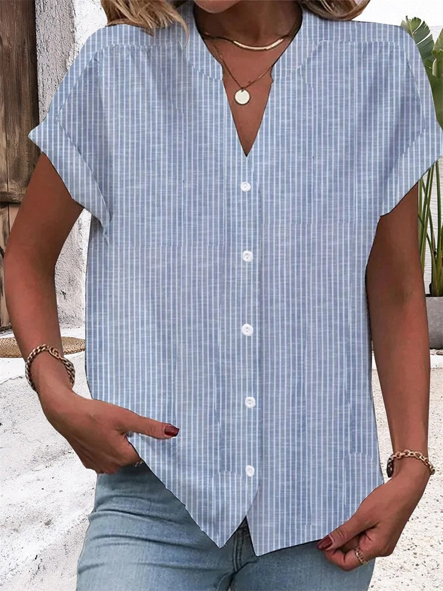 Striped Notch Neck Short Sleeve Button Blouse