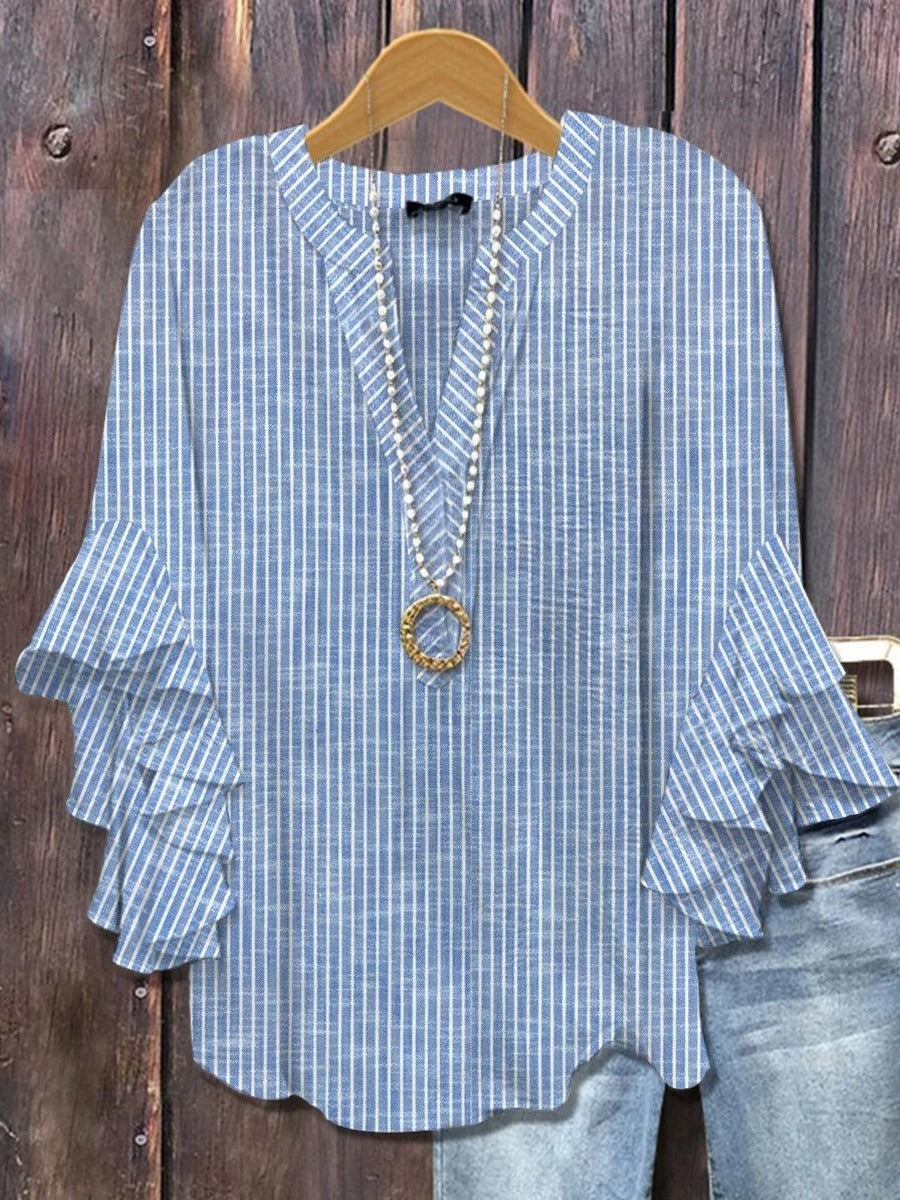 Striped V-Neck Ruffle Sleeve Blouse