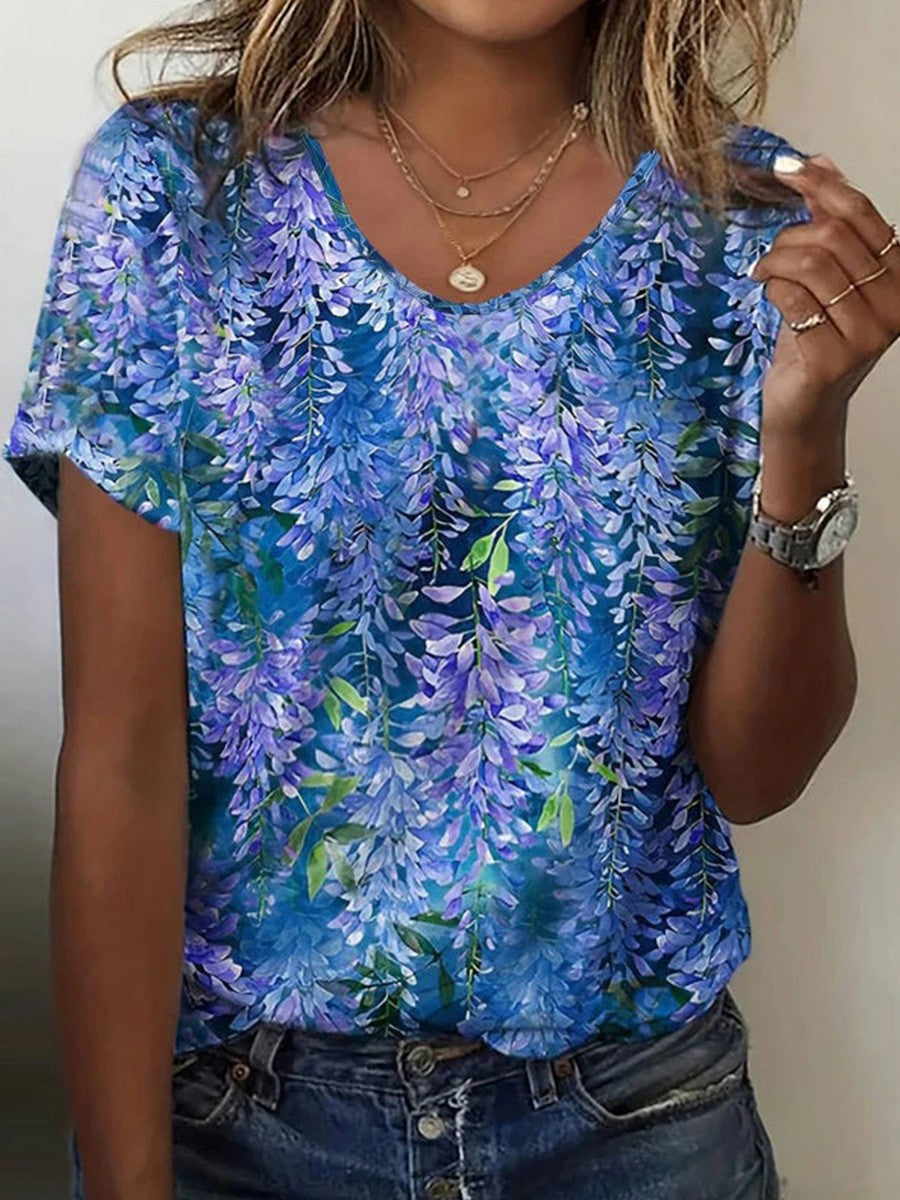 Wisteria Floral Print V-Neck Short Sleeve Top