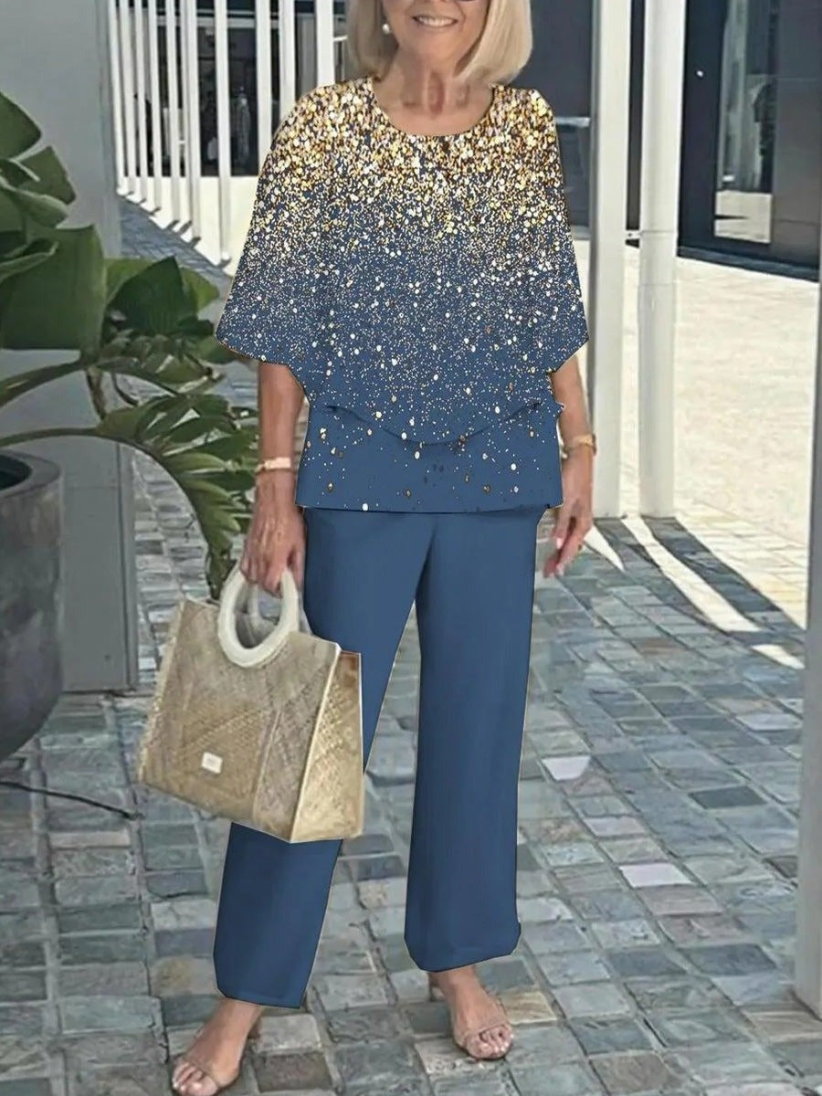 Glitter Round Neck Layered Top and Straight Pants Two Piece Set
