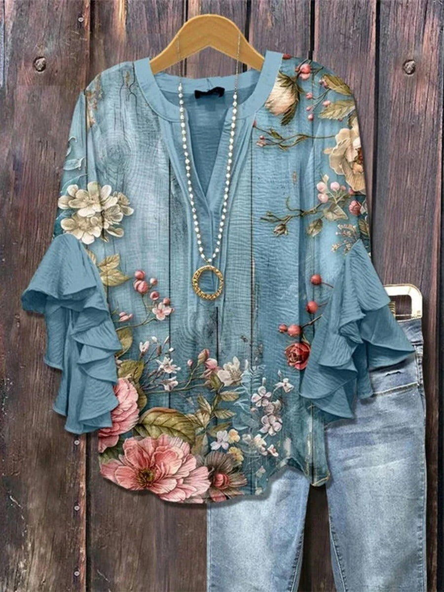 Floral Print Split Neck Ruffle Bell Sleeve Blouse
