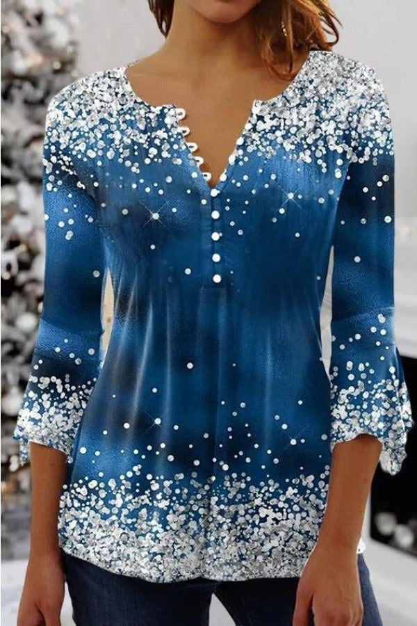 Split Neck Button 3/4 Flare Sleeve Glitter Print Blouse