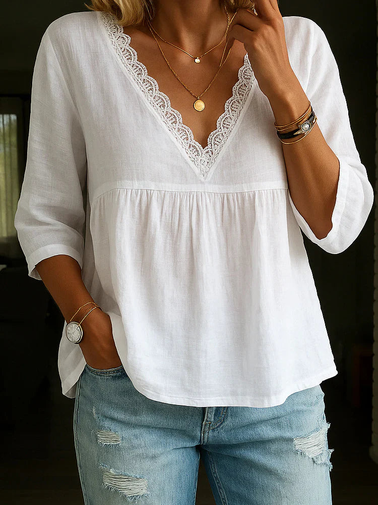 Lace Trim V-Neck Three Quarter Sleeve Babydoll Blouse