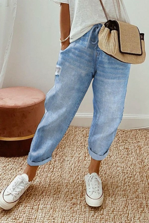 High Waist Ripped Rolled Cuff Tapered Jeans