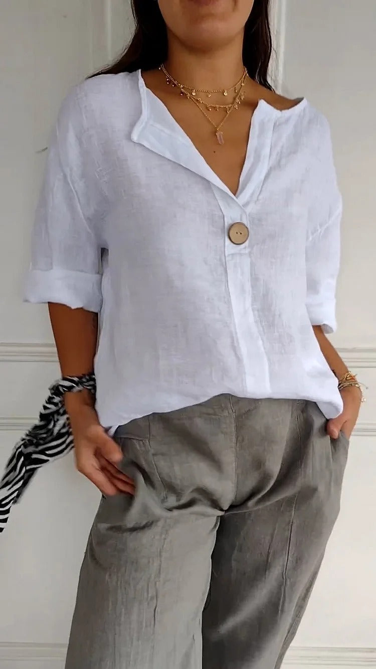 V-Neck Single Button Roll Sleeve Linen Blouse