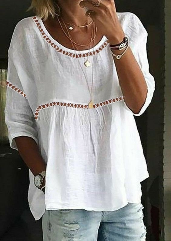 Round Neck Lace Trim Babydoll Half Sleeve Blouse