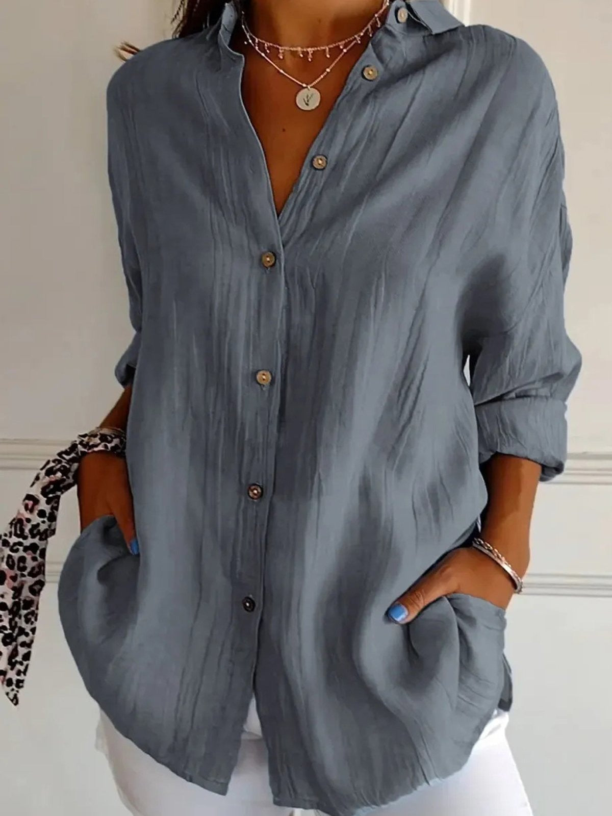 Button Front Collared Long Sleeve Shirt 3