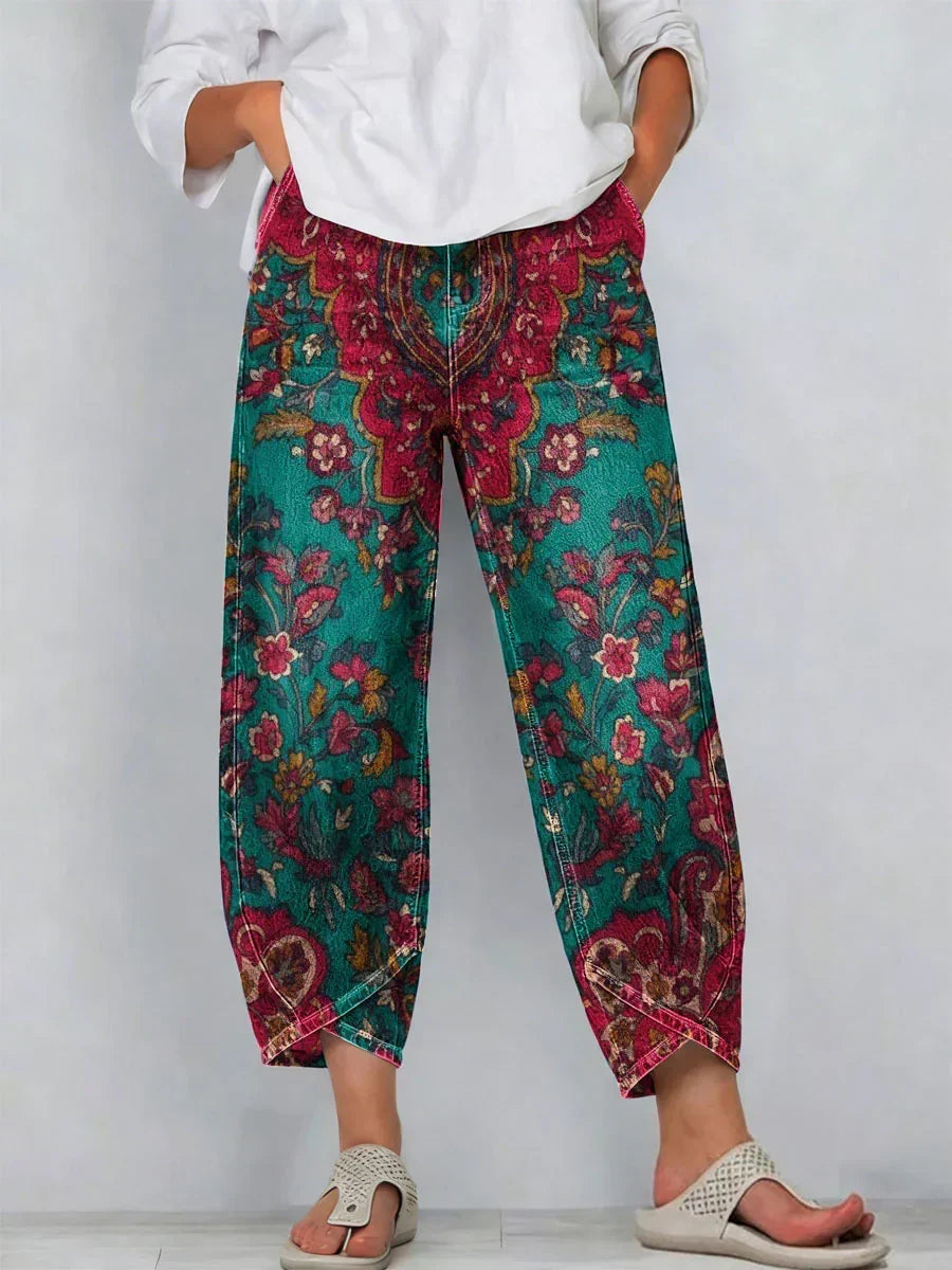 Floral Paisley Print High Waist Tapered Cropped Pants