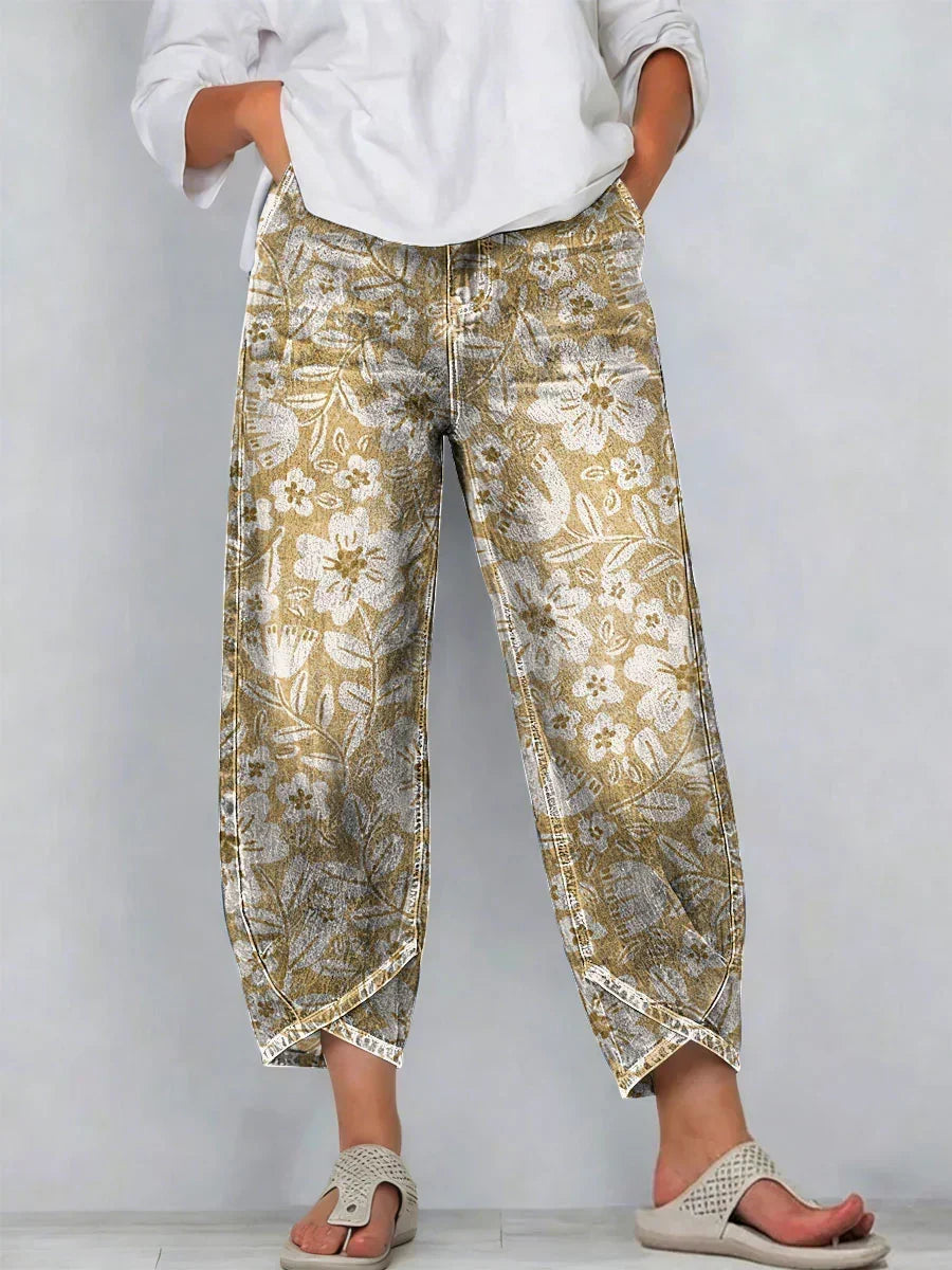 Floral Print Elastic Waist Tapered Pants