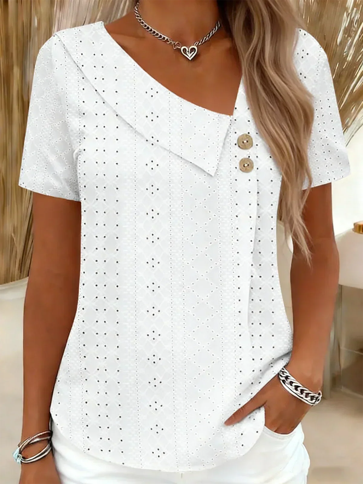 Eyelet Asymmetric V-Neck Button Short Sleeve Top 7