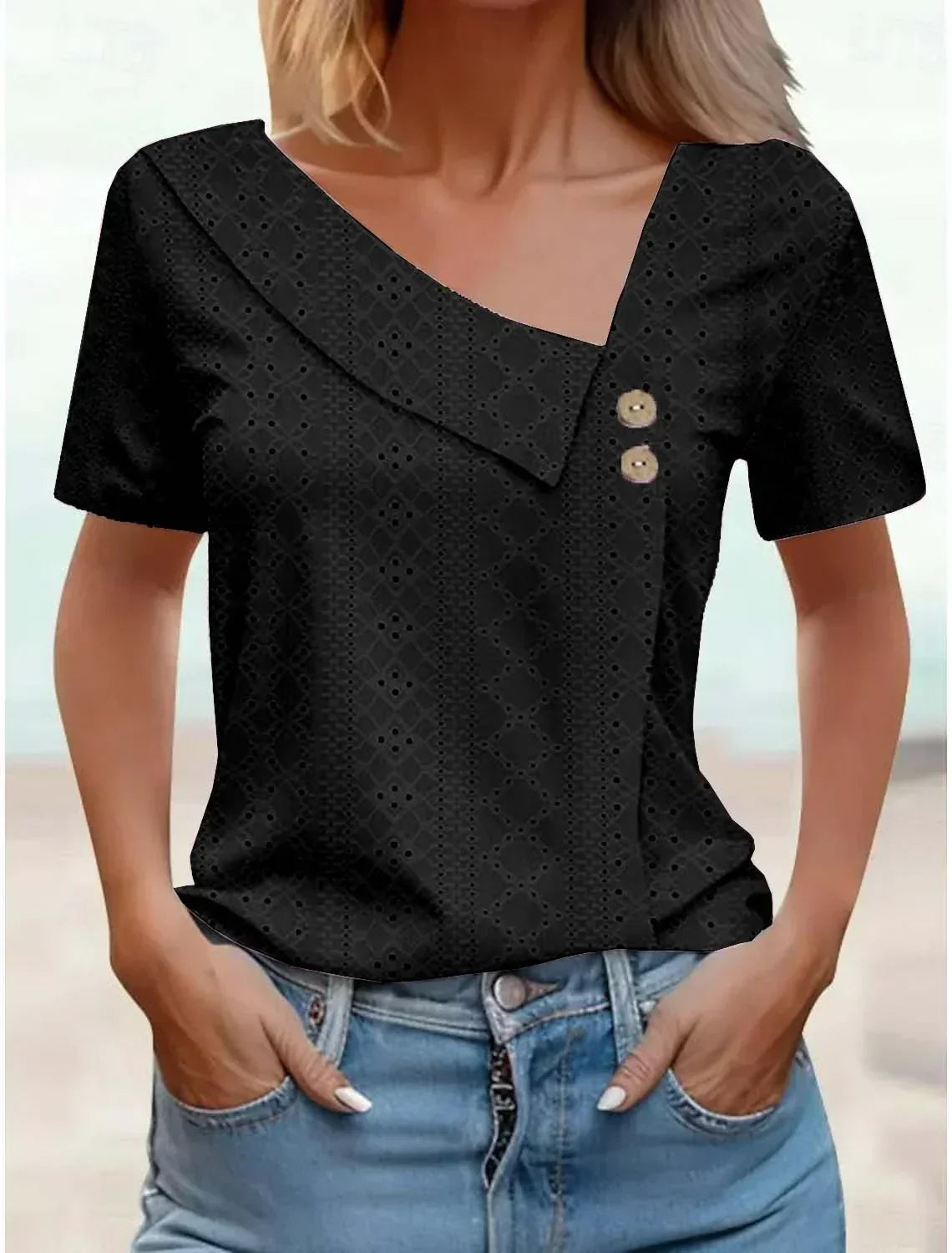 Eyelet Asymmetric V-Neck Button Short Sleeve Top 2