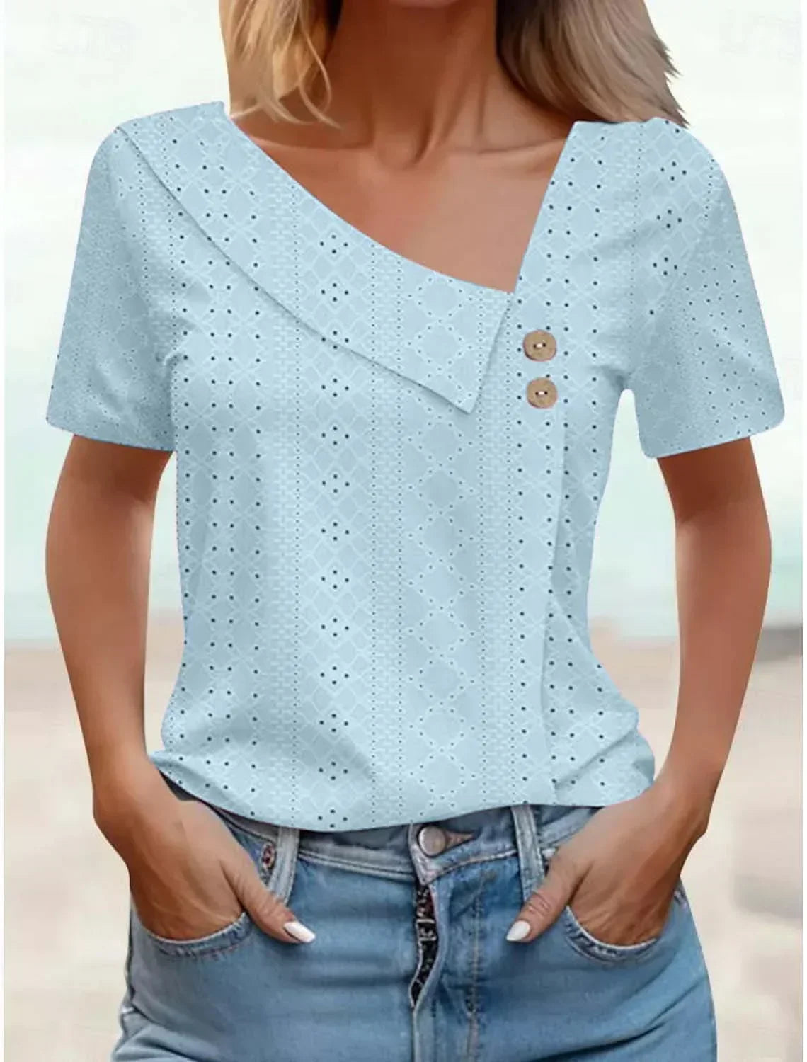 Eyelet Asymmetric V-Neck Button Short Sleeve Top 3