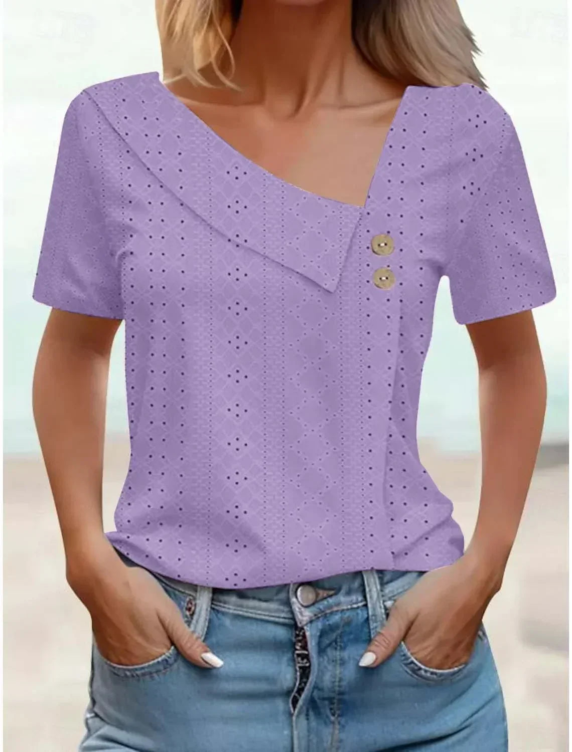 Eyelet Asymmetric V-Neck Button Short Sleeve Top 5