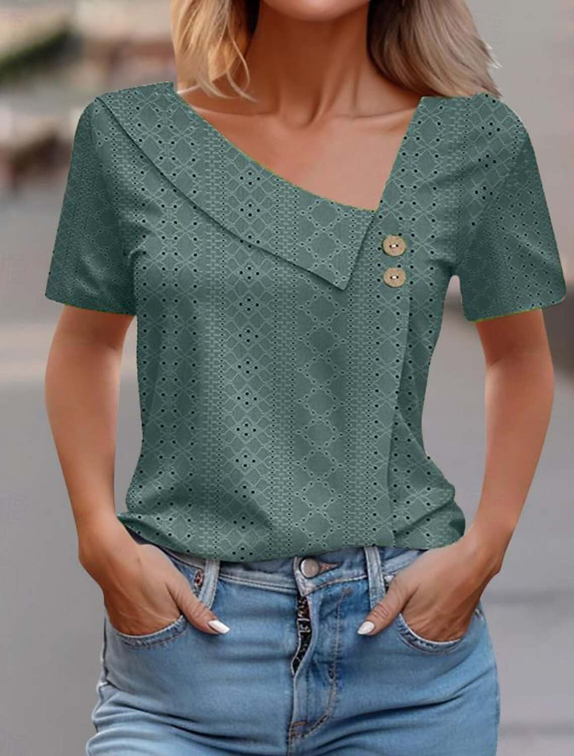 Eyelet Asymmetric V-Neck Button Short Sleeve Top 6
