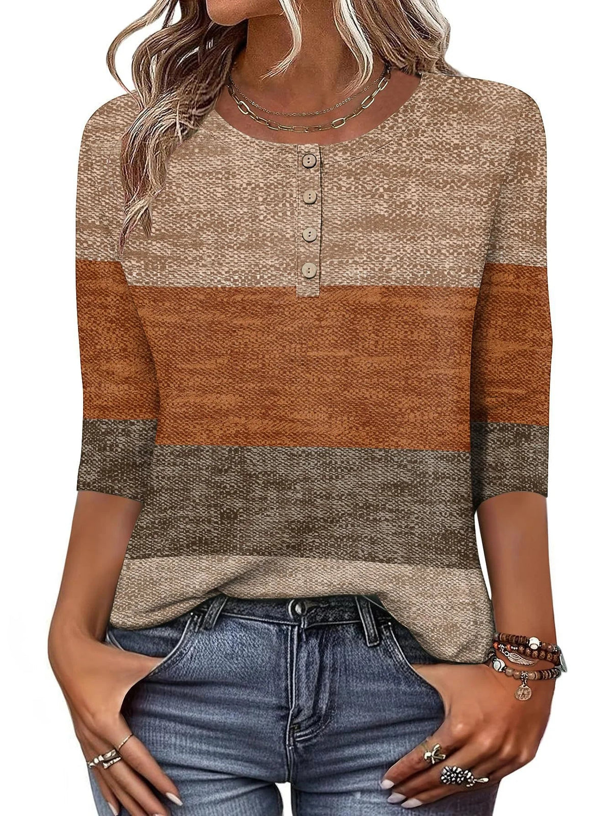 Colorblock Crew Neck Button Placket 3/4 Sleeve Top