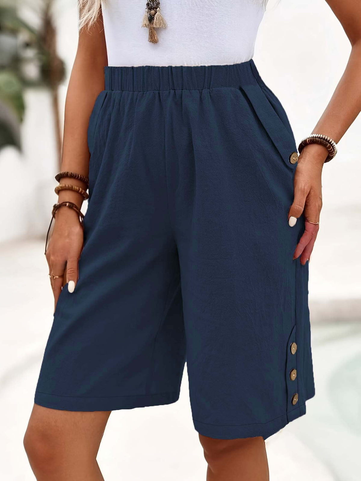 High Waist Wide Leg Side Button Knee Length Shorts 4