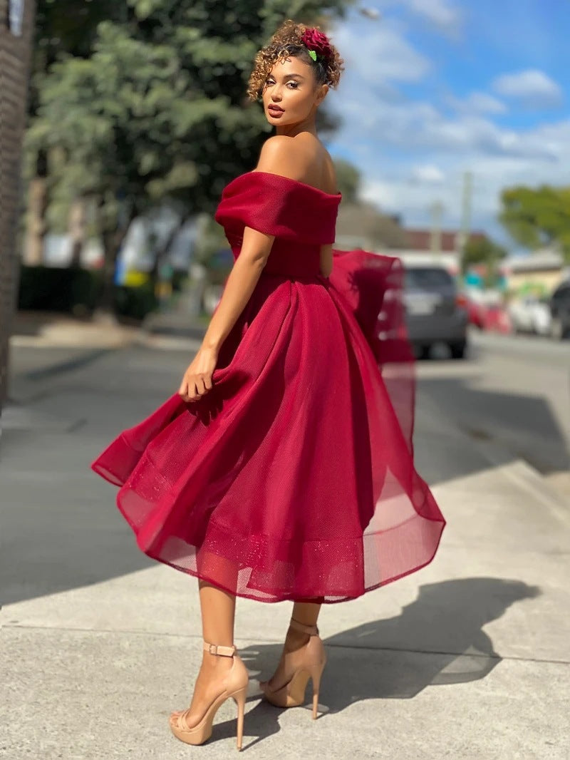 Off Shoulder Organza Fit and Flare Tea Length Dress