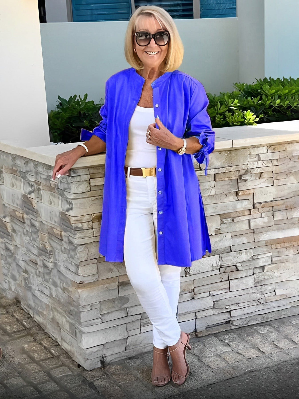 Band Collar Roll Sleeve Button Longline Shirt Jacket 25