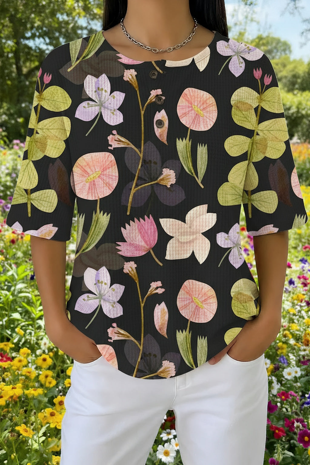 Botanical Floral Print Short Sleeve Waffle Henley Top