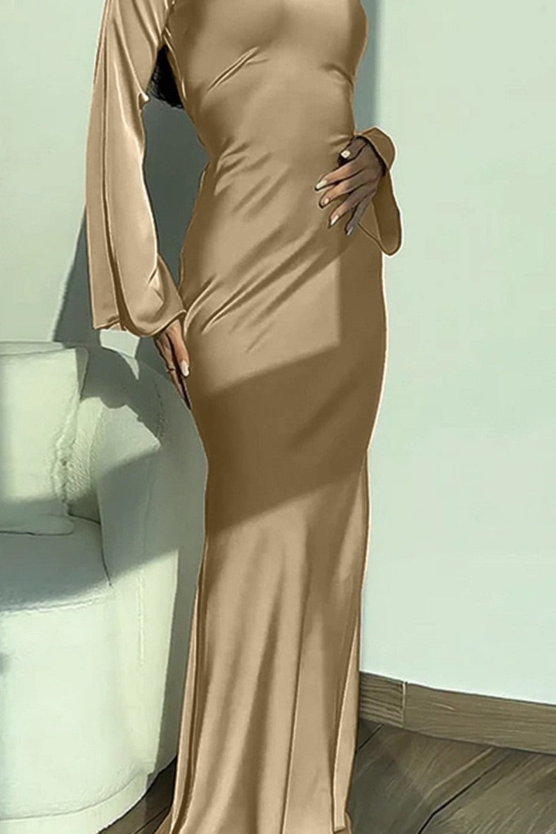 Satin Boat Neck Long Sleeve Tie Waist Bias Cut Maxi Gown - View 4