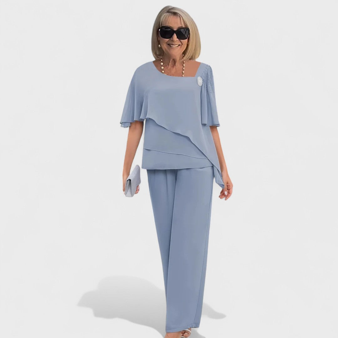 Flutter Sleeve Layered Chiffon Top and Pants Two Piece Set