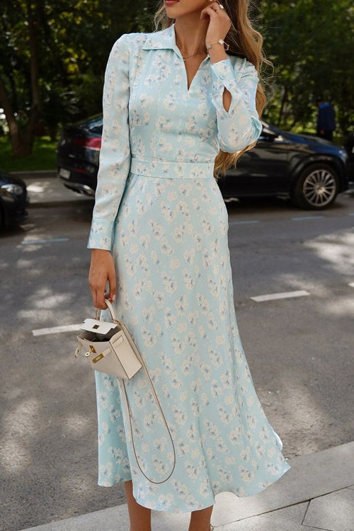 Satin Floral Print Collar Long Sleeve Belted Midi Dress - View 4