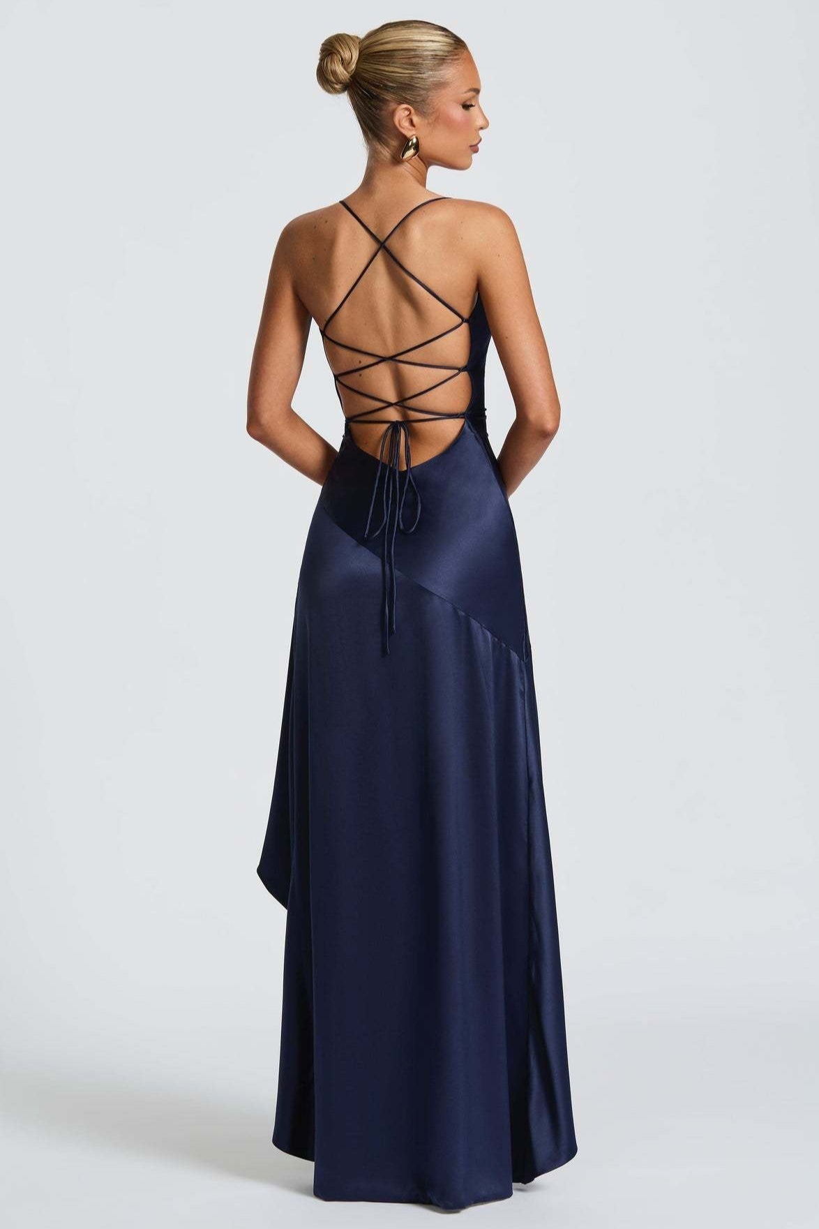 Satin Cowl Neck Lace Up Back Ruffle High Low Maxi Dress 8