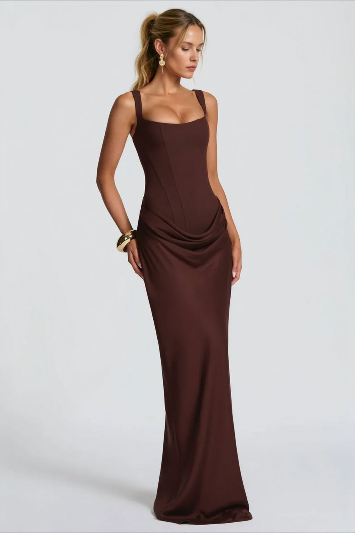 Square Neck Corset Ruched Draped Bodycon Maxi Dress - View 10