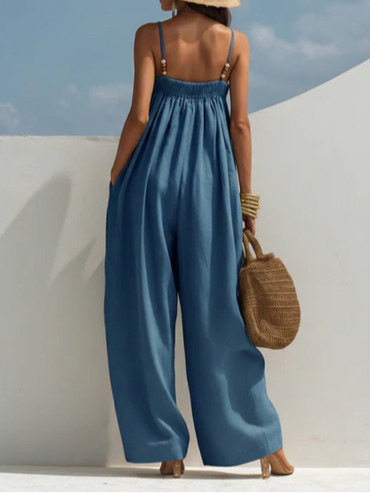 Spaghetti Strap Wide Leg Denim Look Overall Jumpsuit 4