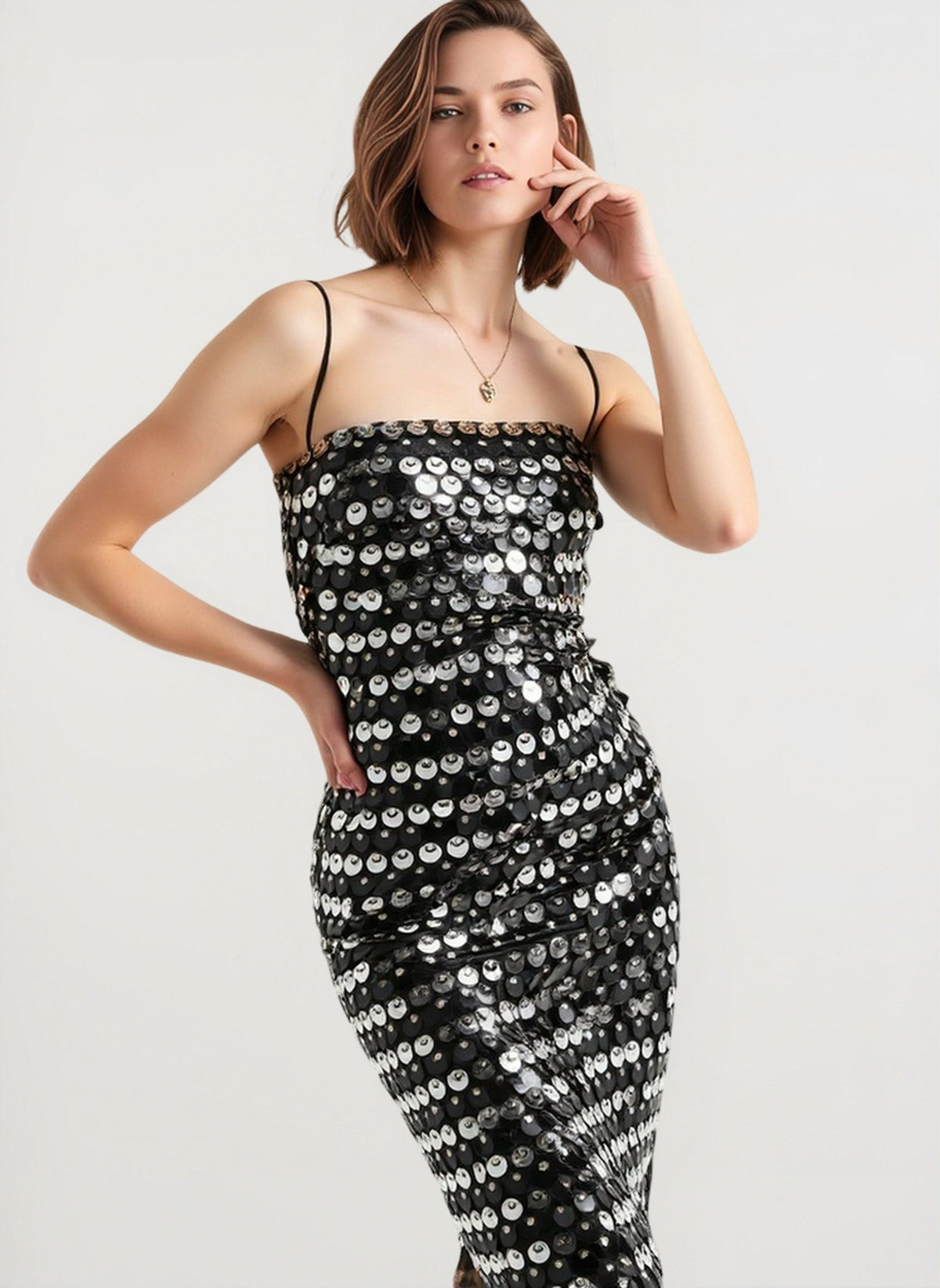 Sequin Striped Spaghetti Strap Square Neck Bodycon Midi Dress - View 2