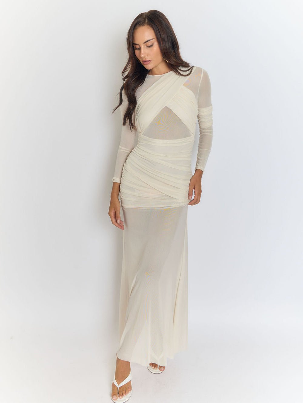 Cecilia Mesh Maxi Dress In White in Beige - View 8