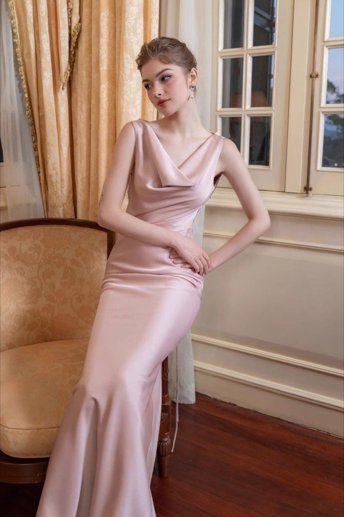 Cowl Neck One Shoulder Bias Cut Satin Slip Maxi Dress 4