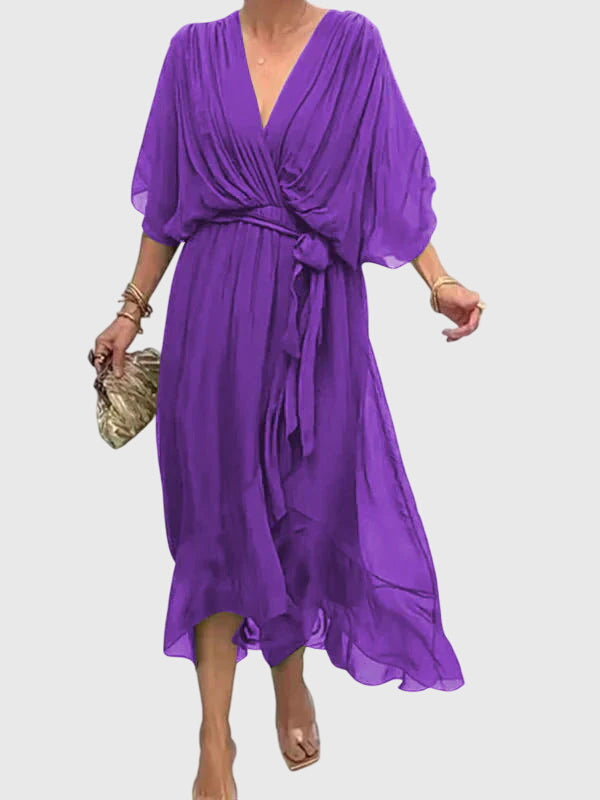 Chiffon V-Neck Batwing Sleeve Belted High Low Midi Dress 4