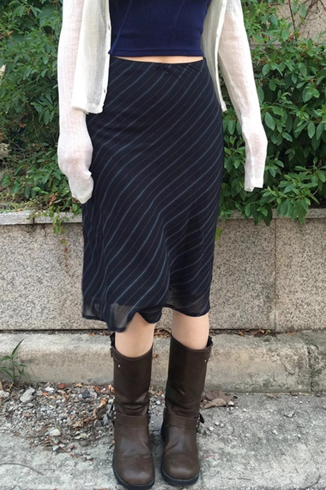 Stripe Print Sheer Mesh Knit Midi Skirt