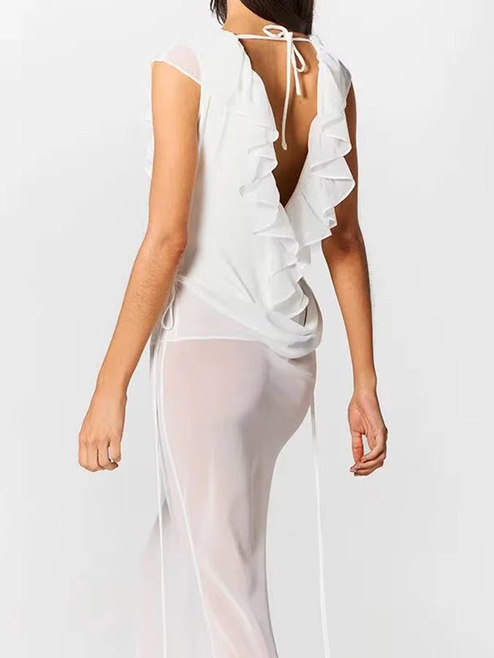 Deep V-Neck Ruffle Trim Sleeveless Sheer Skirt Tie Waist Maxi Gown - View 2