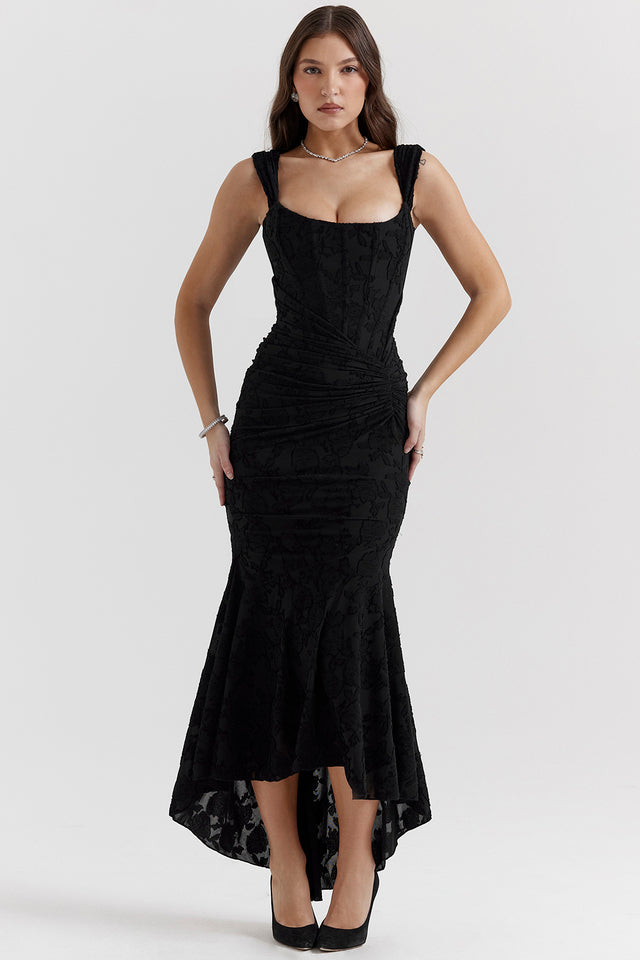 Floral Jacquard Square Neck Corset Bodice Ruched Mermaid High Low Gown - View 11