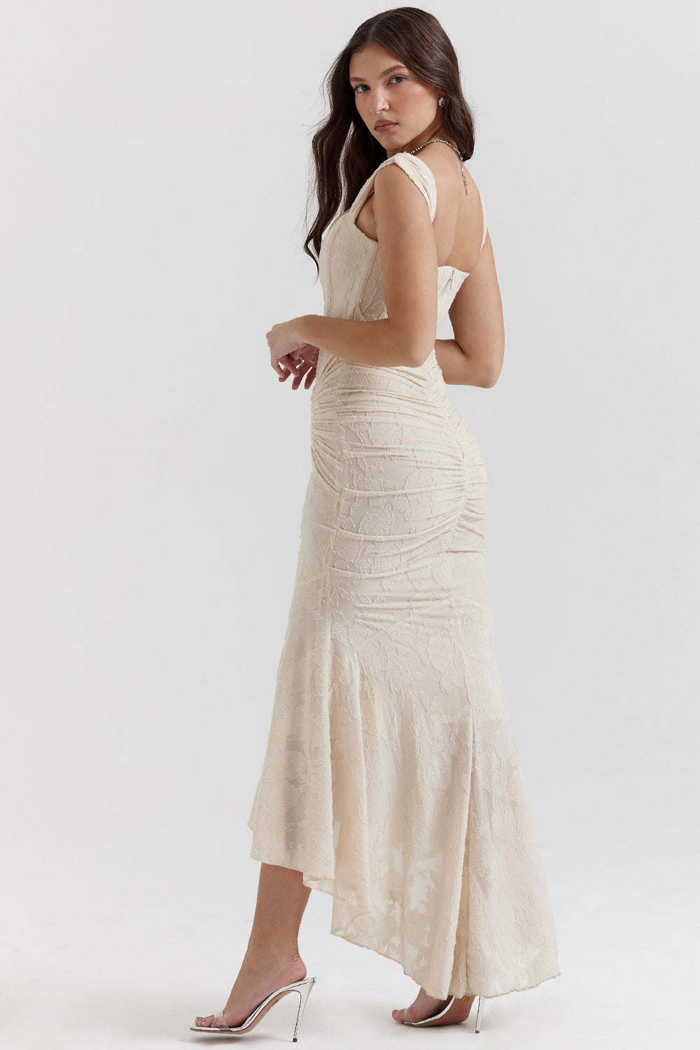 Floral Jacquard Square Neck Corset Bodice Ruched Mermaid High Low Gown - View 7