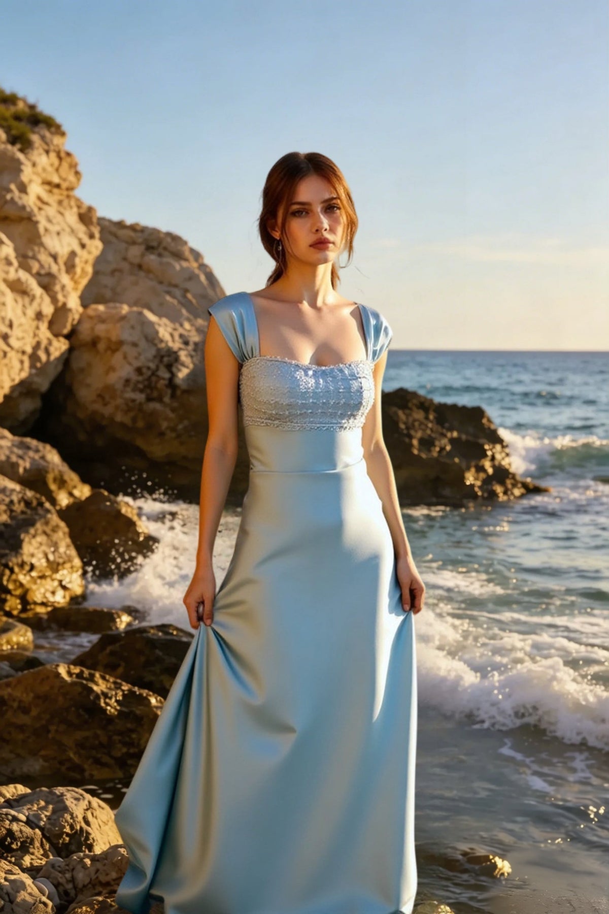 Satin Cap Sleeve Sweetheart Beaded Mermaid Maxi Dress - View 2