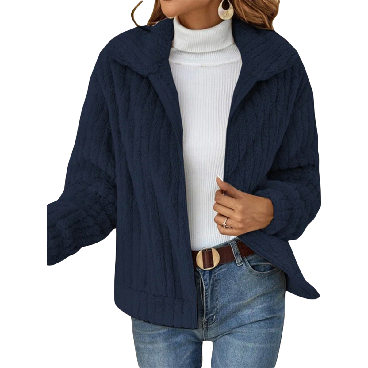 Fuzzy Fleece Lapel Collar Open Front Jacket 3