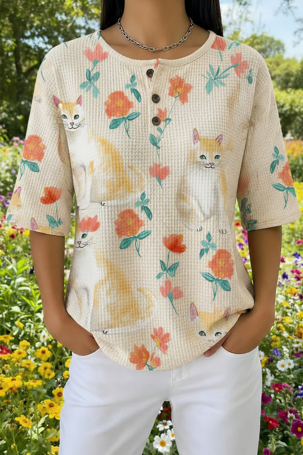 Cat Floral Print Round Neck Short Sleeve Waffle Henley Top